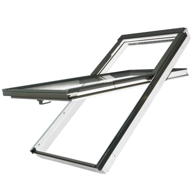 Okno drewniane trzyszybowe o podniesionej osi obrotu FAKRO FYU-X P50 w kolorze białym bez nawiewnika rozmiar 78x160 kolor RAL 7016